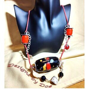 A  Red Cylinder, chain necklace. Handmade with 1970’s ceramic beads, SHIPS FREE